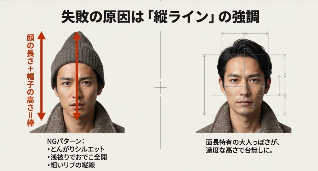 面長な男性が高さのあるニット帽を被ることで、顔の縦ラインが強調され棒のように見えてしまうNG例の図解。