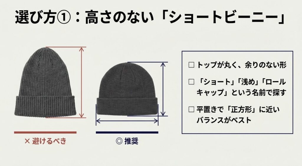 面長メンズに適した高さのないショートビーニーと、避けるべきトップが余る長いニット帽のシルエット比較画像。