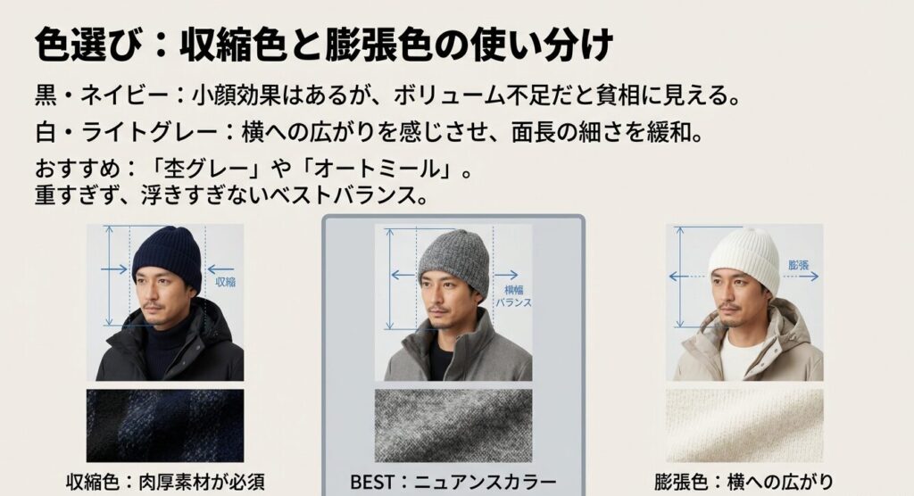 黒やネイビーの収縮色と、白やライトグレーの膨張色が顔の輪郭に与える影響を比較した画像。面長カバーのための色選びガイド。