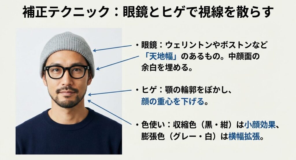 ニット帽にウェリントン型の眼鏡を合わせ、中顔面の余白を埋めるテクニック。前髪をサイドに流して視線を分散させるスタイリング例