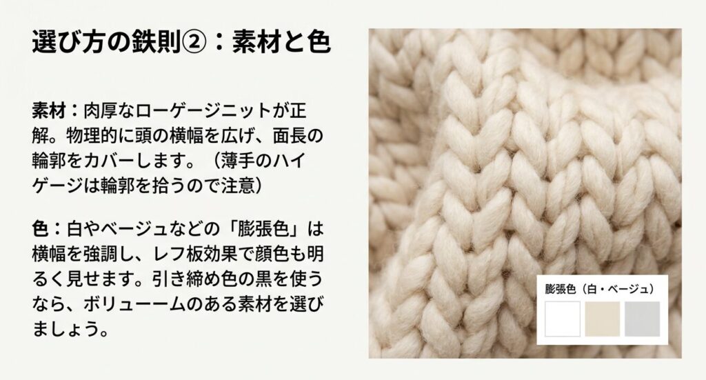 面長をカバーする肉厚なローゲージニット素材と白・ベージュなどの膨張色選びのポイント