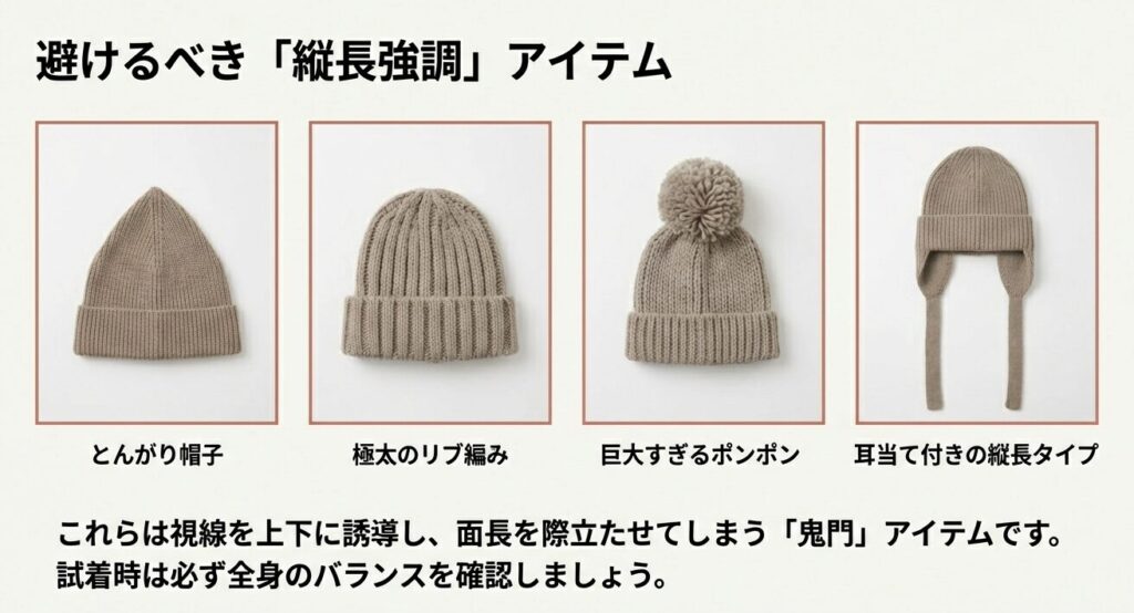 面長が避けるべきNGニット帽。とんがり帽子、極太リブ、巨大ポンポンなどの縦長強調アイテム