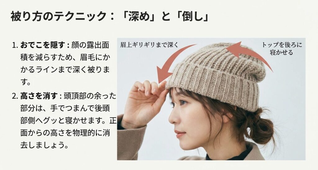 面長を小顔に見せるニット帽のかぶり方図解。眉上まで深くかぶりトップを後ろに寝かせるテクニック