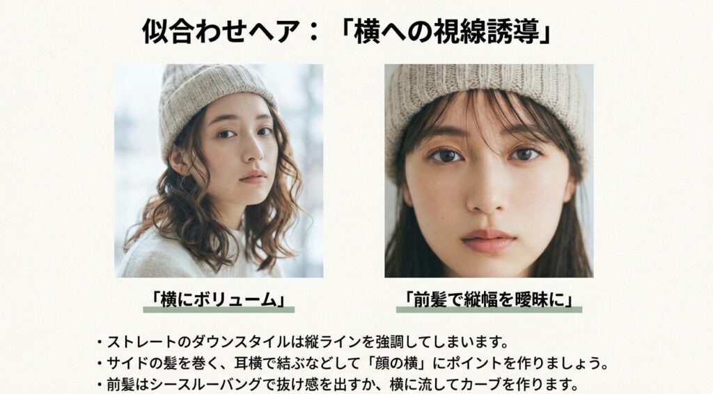 面長×ニット帽に似合うヘアアレンジ。横にボリュームを出す巻き髪や前髪の似合わせポイント