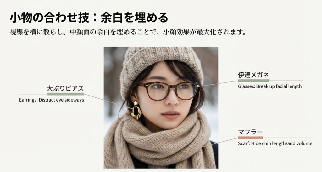 面長の余白を埋める小物合わせテクニック。伊達メガネ、大ぶりピアス、マフラーを使った視線誘導