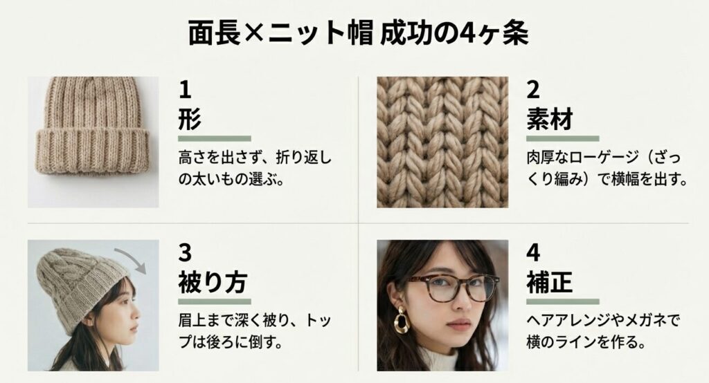 面長×ニット帽の成功法則4ヶ条まとめ。形、素材、被り方、補正のポイント一覧