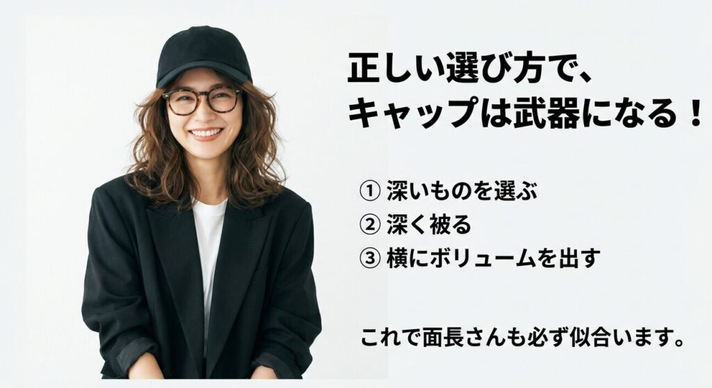 深いものを選ぶ、深く被る、横にボリュームを出すという、面長さんがキャップを似合わせるための3つの重要ポイントまとめ。