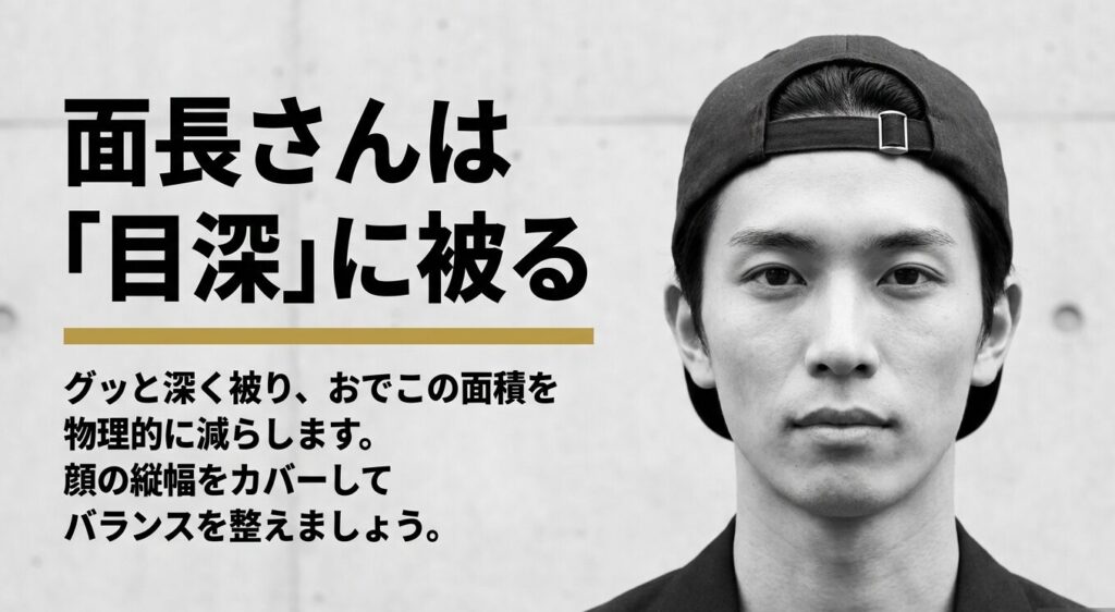 面長さんの輪郭をカバーしてバランスを整えるための、おでこの面積を減らす目深な被り方