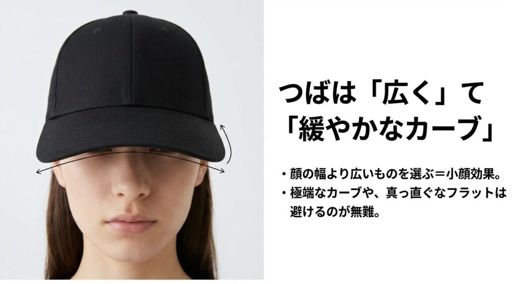 小顔効果を生むために顔の幅より広いつばを選び、極端なカーブを避けて緩やかなカーブを選ぶポイントを解説した画像。