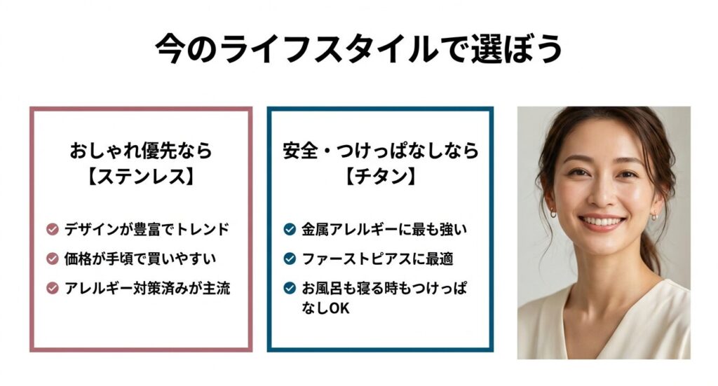 おしゃれ優先のステンレスと安全・つけっぱなし優先のチタンをライフスタイルに合わせて賢く選ぶことを推奨する画像