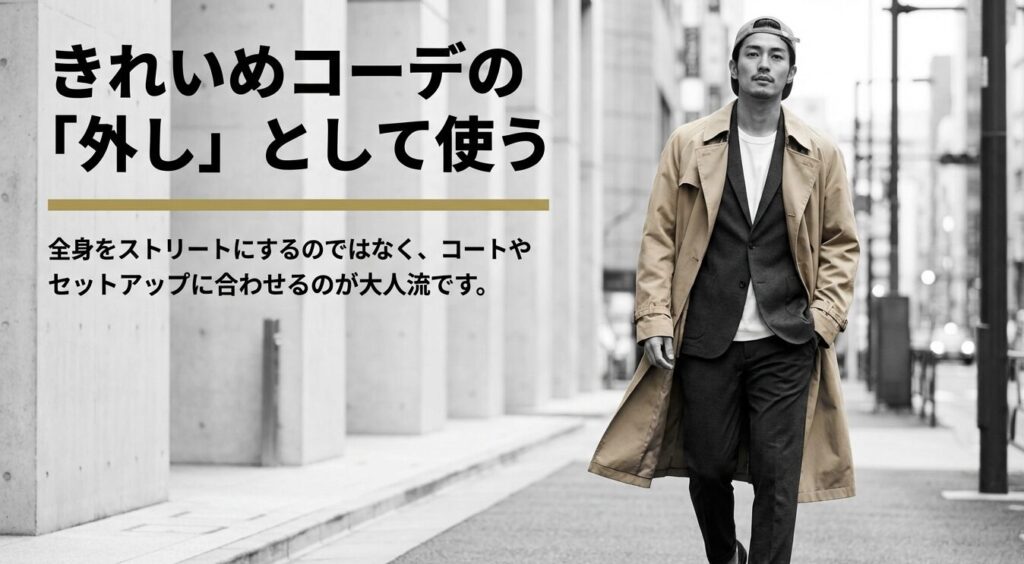 大人の品格を保つための、コートやセットアップなどのきれいめコーデにキャップを合わせたスタイリング