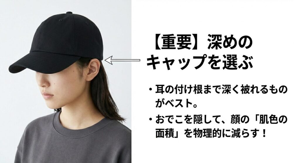 耳の付け根まで深く被れるキャップを選び、おでこを隠して肌色の面積を物理的に減らす小顔テクニックの解説図。