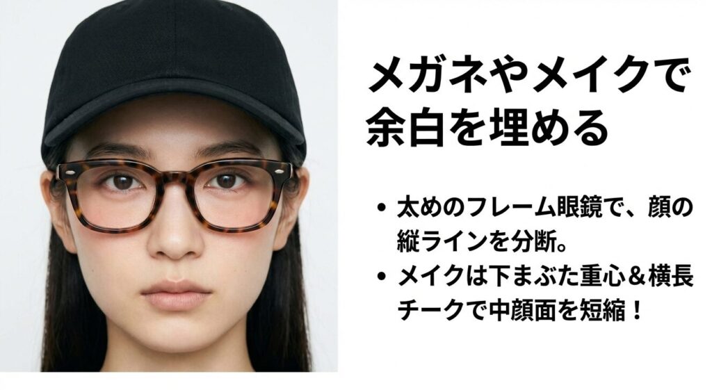 太めのフレーム眼鏡で顔の縦ラインを分断し、下まぶた重心のメイクと横長チークで顔の余白を埋めるテクニックのイメージ図。