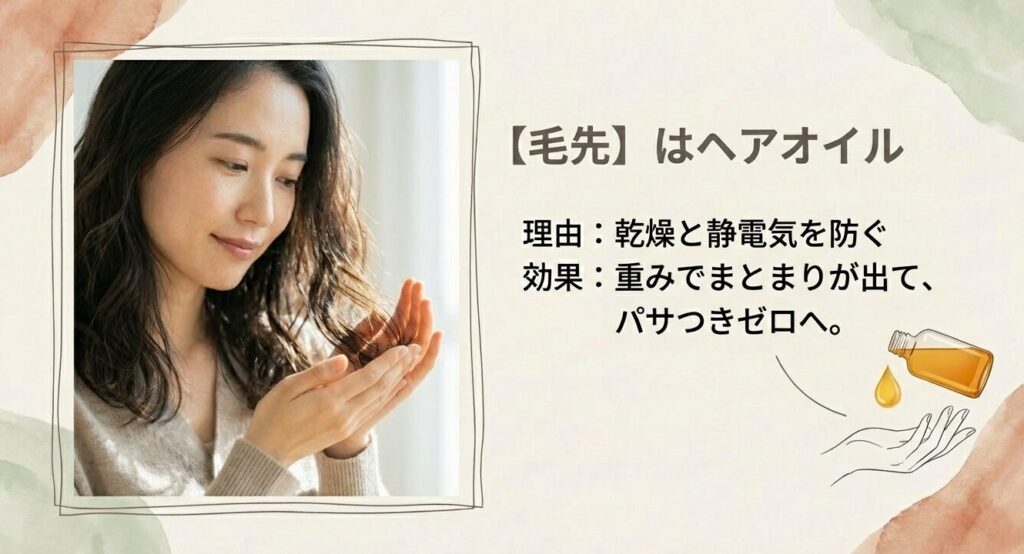 毛先にヘアオイルを揉み込んでいる女性の写真。「乾燥と静電気を防ぐ」という解説付き