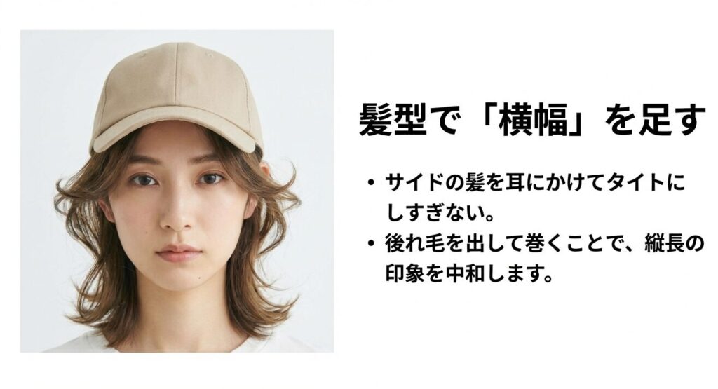 サイドの髪を耳にかけすぎず、後れ毛を出して巻くことで顔の横幅を出し、面長の縦長印象を中和するヘアスタイルのポイント。