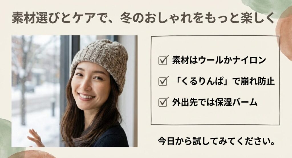 ニット帽をかぶって笑顔の女性。冬のおしゃれを楽しむためのチェックリスト（素材、くるりんぱ、保湿バーム）