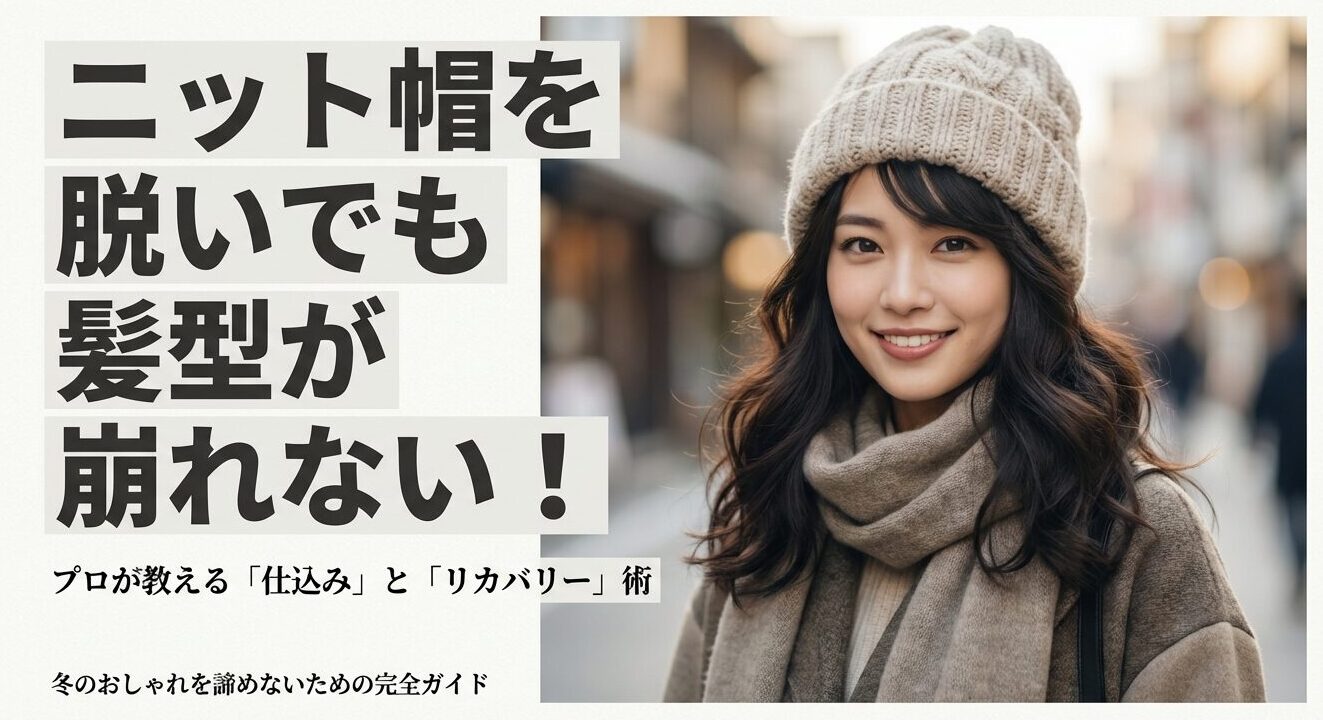 ニット帽をかぶった笑顔の女性と「脱いでも髪型が崩れない」というタイトルのスライド