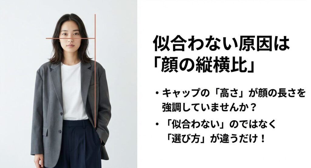 面長さんがキャップを被ると顔が長く見える原因となる、顔の縦横比（アスペクト比）と高さの関係を示した図。