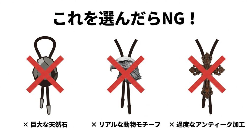 ダサいと言われるループタイのNG例・巨大な天然石やリアルな動物モチーフ