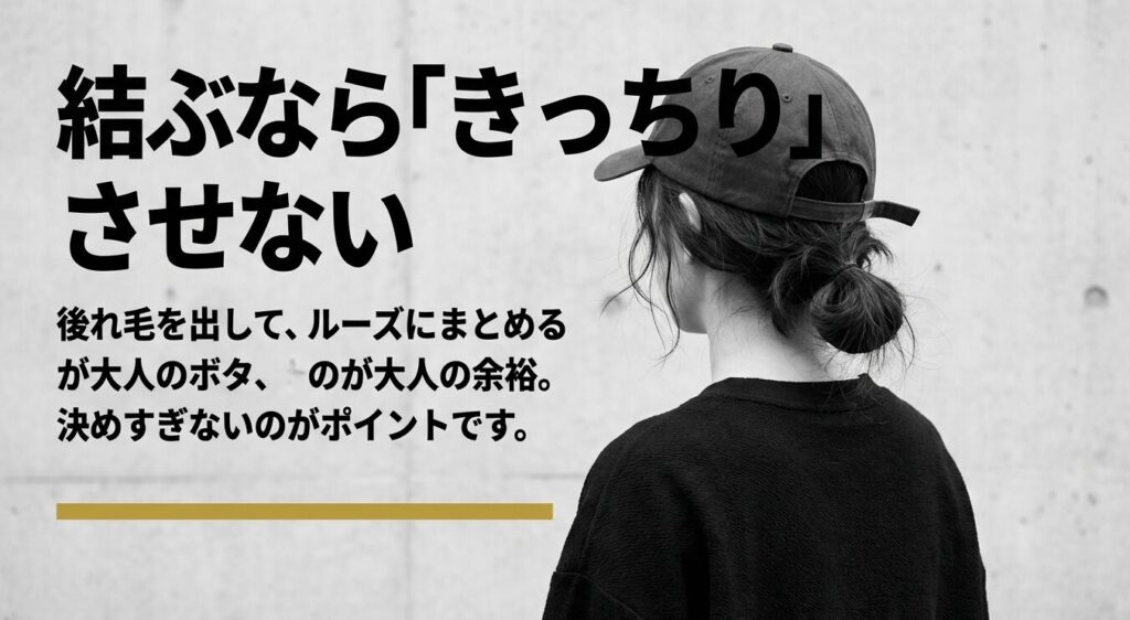 ボブやロングヘア向けの、きっちり結ばず後れ毛を出してルーズにまとめる大人の余裕アレンジ