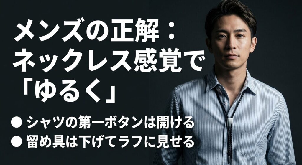 メンズ向けループタイの正解コーデ・シャツのボタンを開けてラフにつける方法