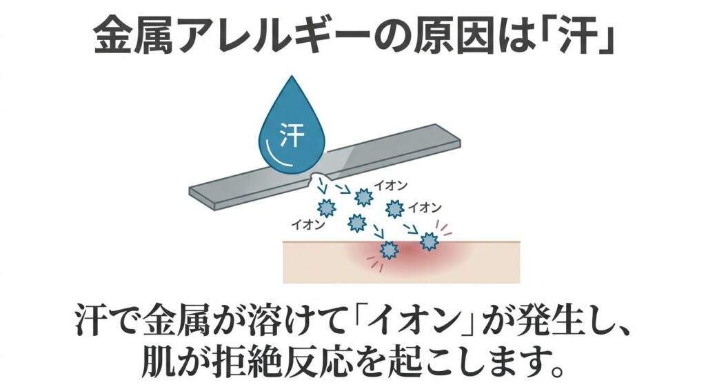 汗によって金属からイオンが溶け出し、肌がアレルギー反応を起こすメカニズムのイラスト