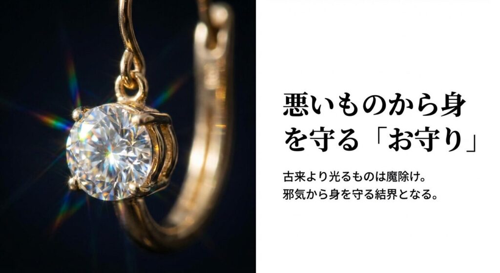 古来より光るものは魔除けであり、邪気から身を守る結界となることを説明するスライド