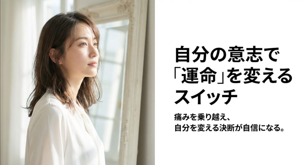 自分の意志で痛みを乗り越え、自分を変える決断が自信になることを示すスライド