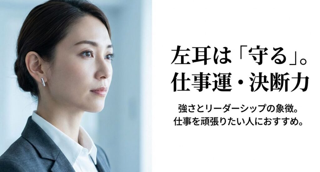 左耳は守ることを意味し、強さとリーダーシップの象徴として仕事運アップにおすすめであることを説明する女性のスライド