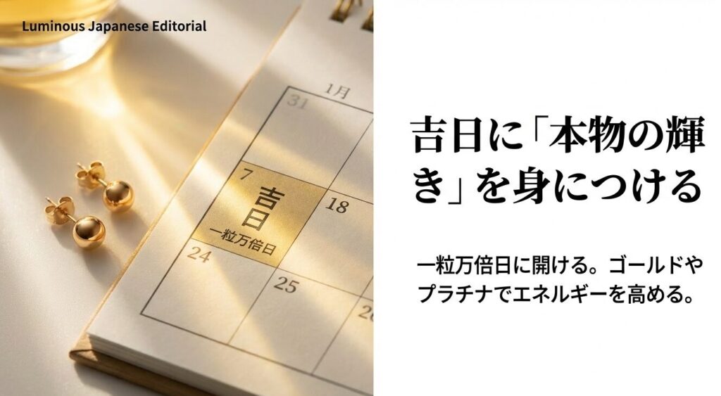 一粒万倍日などの吉日に本物の輝きを身につけ、運気を高めるタイミングについて解説したスライド