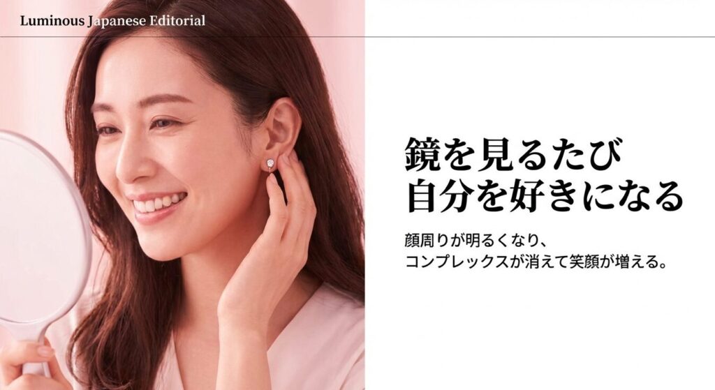 ピアスをつけることで顔周りが明るくなり、鏡を見るたび自分を好きになって笑顔が増える様子を示すスライド