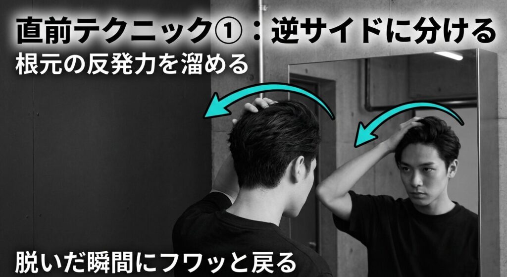 髪の根元の反発力を利用したボリュームアップ術。いつもの分け目と逆方向に髪を流して帽子を被る手順解説