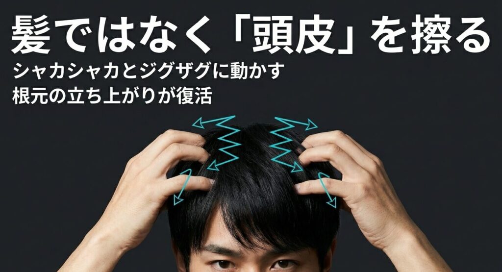 帽子を脱いだ後のリカバリー術。指を頭皮に入れて、根元をジグザグに擦って髪を立ち上げているイメージ