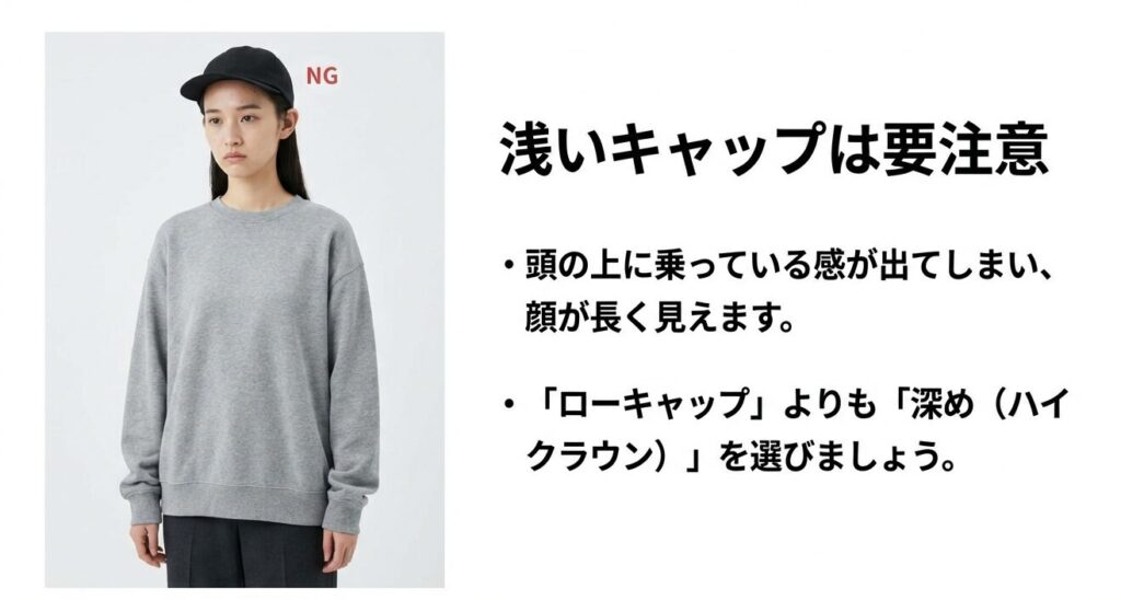 浅いキャップ（ローキャップ）を被ることで頭の上に乗っている感が出てしまい、面長が強調されているNG例の画像。
