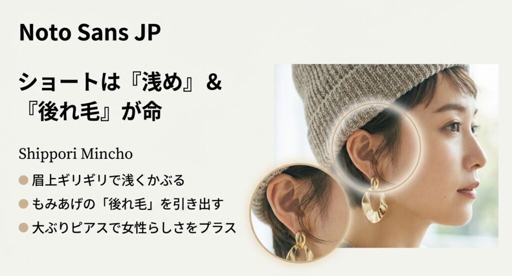 ショートヘアのニット帽の被り方。浅めにかぶり、もみあげの後れ毛を出してピアスを見せている横顔