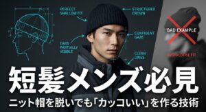 ニット帽の浅め被りの図解。眉毛と生え際を出し、清潔感を演出する「パーフェクト・シャロー・フィット」の横顔ライン
