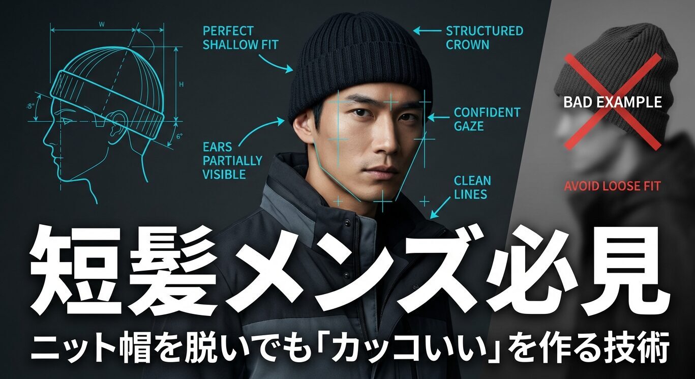ニット帽の浅め被りの図解。眉毛と生え際を出し、清潔感を演出する「パーフェクト・シャロー・フィット」の横顔ライン