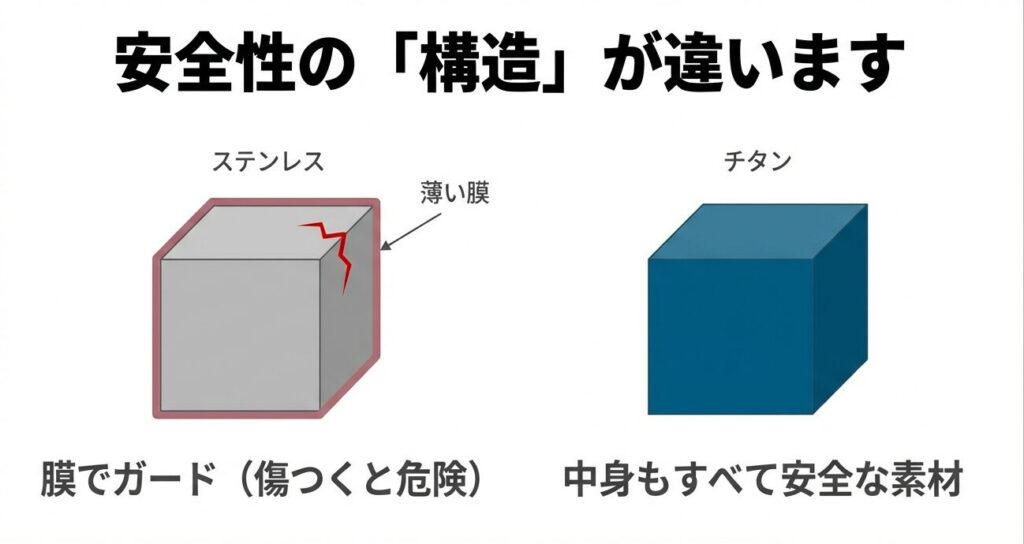 薄い膜でガードするステンレスと、中身もすべて安全な素材であるチタンの構造的な違いを比較する図