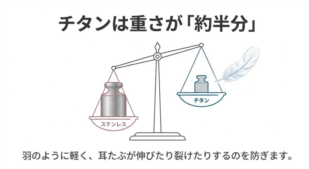 チタンの重さがステンレスの約半分であり、羽のように軽いことを示す天秤のイラスト