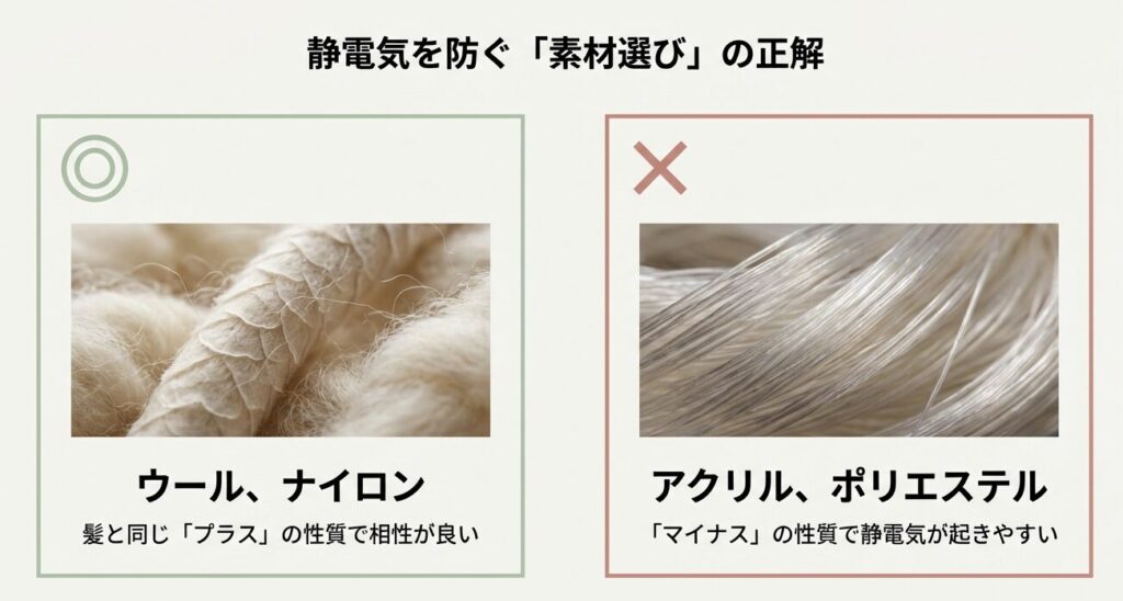 静電気を防ぐ素材選び。ウールやナイロンの繊維と、プラス・マイナスの帯電列に関する解説