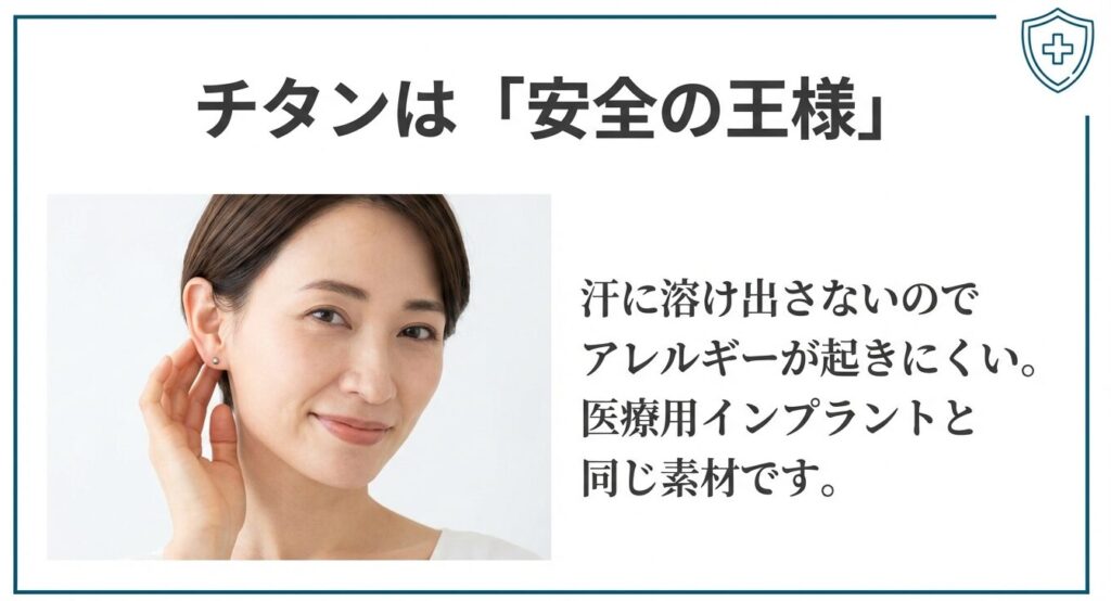 汗に溶け出さずアレルギーが起きにくい、医療用インプラントと同じ素材のチタンを説明する画像