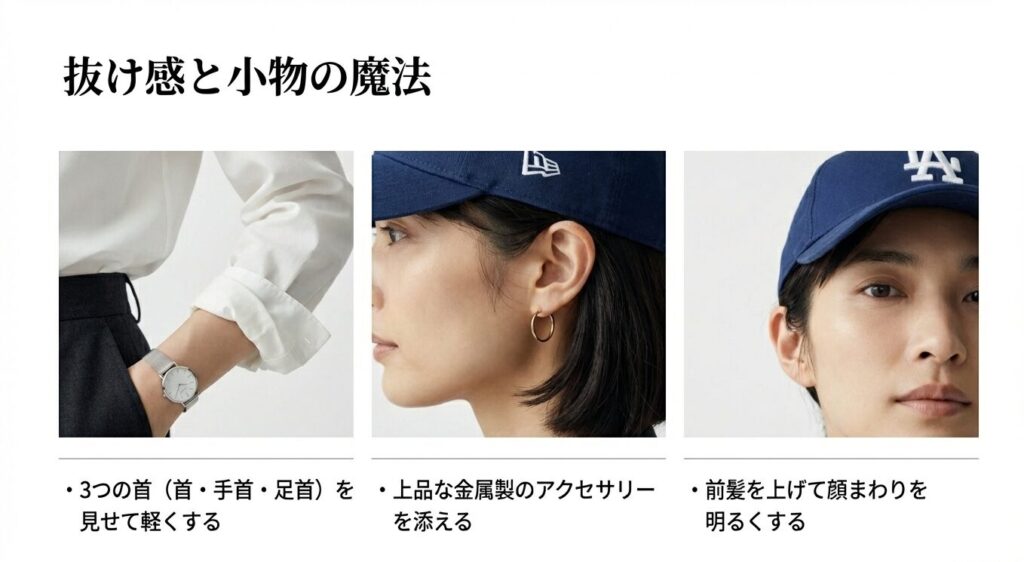 抜け感と小物の魔法。3つの首を見せ、上品な金属製アクセサリーを添え、前髪を上げて顔まわりを明るくするテクニック