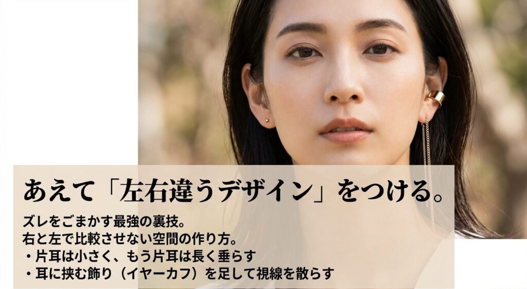 左右違うデザインをつけるズレをごまかす最強の裏技。片耳は小さくもう片耳は長く垂らし、イヤーカフで視線を散らす