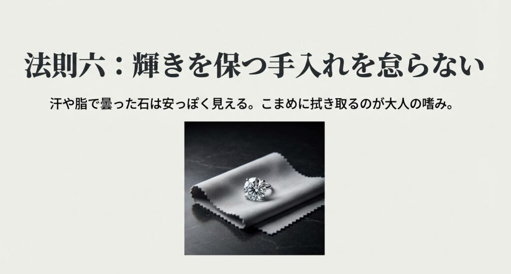 法則六：輝きを保つ手入れを怠らない。汗や脂で曇った石は安っぽく見えるため、こまめに拭き取るのが大人の嗜み