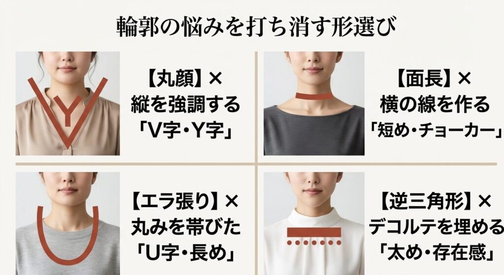 丸顔、面長、エラ張り、逆三角形など顔の輪郭の悩みを打ち消すネックレスの形(V字、U字、チョーカーなど)の図解