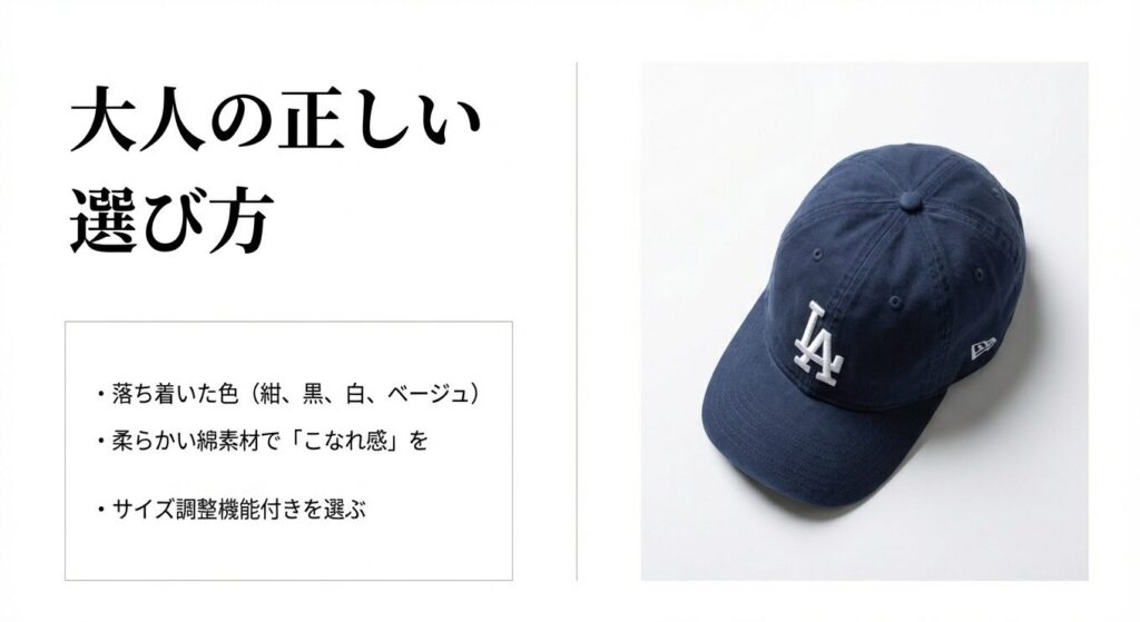 大人の正しい選び方。落ち着いた色、柔らかい綿素材、サイズ調整機能付きを選ぶポイントの解説