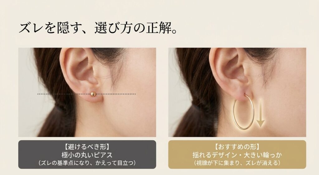 ピアスのズレを隠す選び方の正解。極小の丸いピアスは避け、揺れるデザインや大きい輪っかを選ぶ