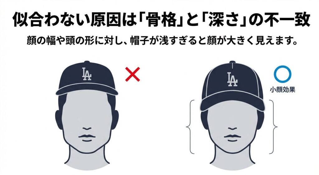 原因は骨格と形の不一致。丸顔・エラ張りは深め、ハチ張りもしっかり包み込む深い形を選ぶと良いという解説図解