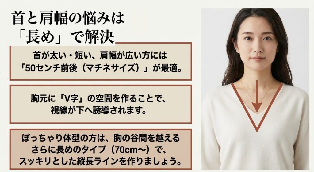 首が太い・短い、肩幅が広い悩みを解決する50センチ前後(マチネサイズ)のネックレスの解説図