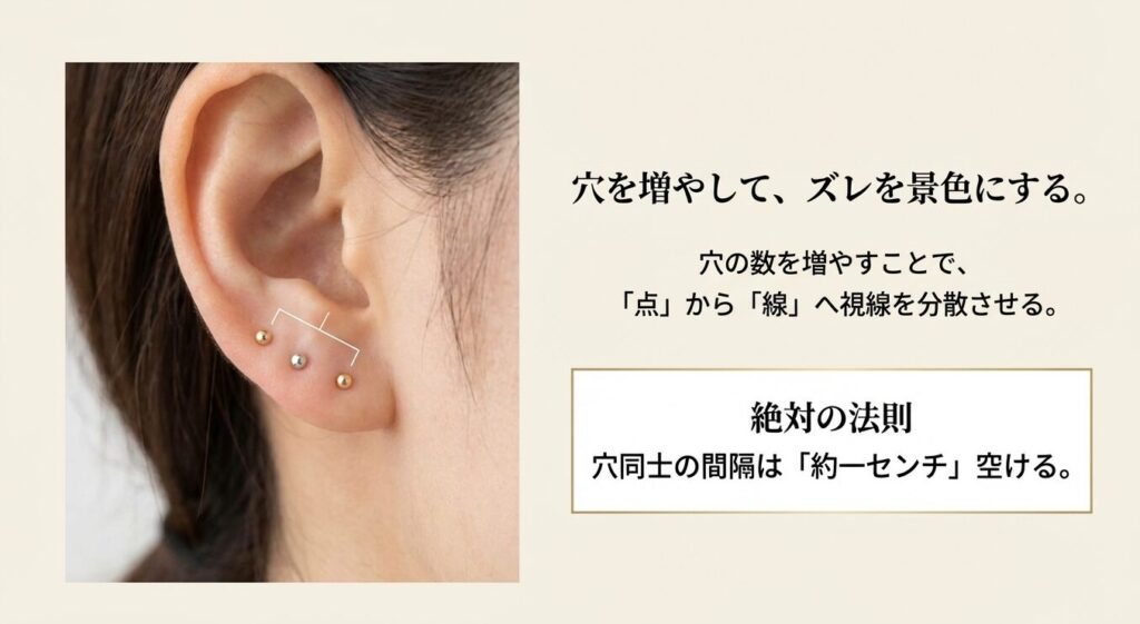 穴の数を増やして点から線へ視線を分散。ピアス穴同士の間隔は約1センチ空けるのが絶対の法則